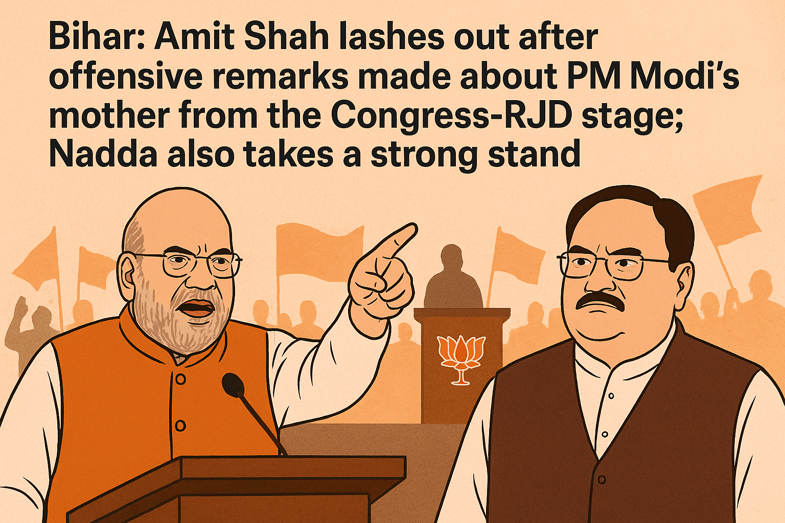 बिहार: कांग्रेस-RJD मंच से PM मोदी की मां पर अपशब्द कहे जाने पर भड़के अमित शाह, नड्डा ने भी कड़ा रुख दिखाया।
