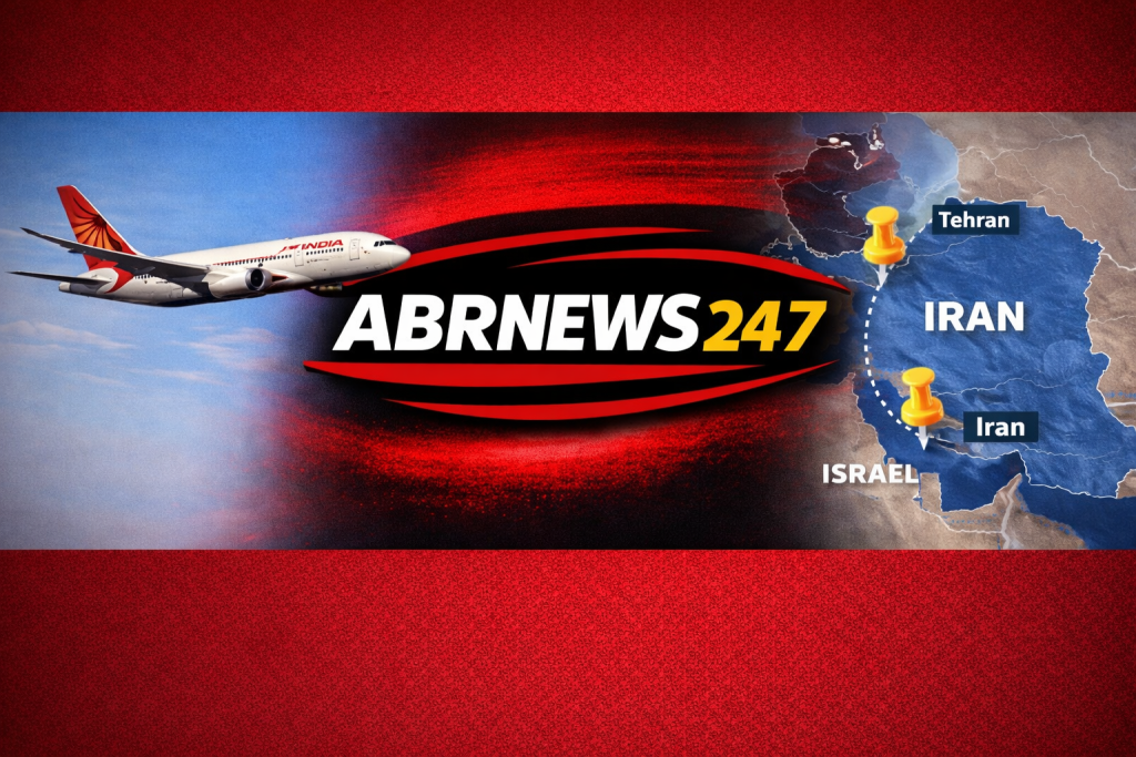 इजरायल–ईरान तनाव के प्रभाव के बीच भारतीय एयरलाइंस की उड़ानों के रूट बदलने को दर्शाती ABRNEWS247 फीचर इमेज, जिसमें विमान और मिडिल ईस्ट का नक्शा दिखाया गया है।
