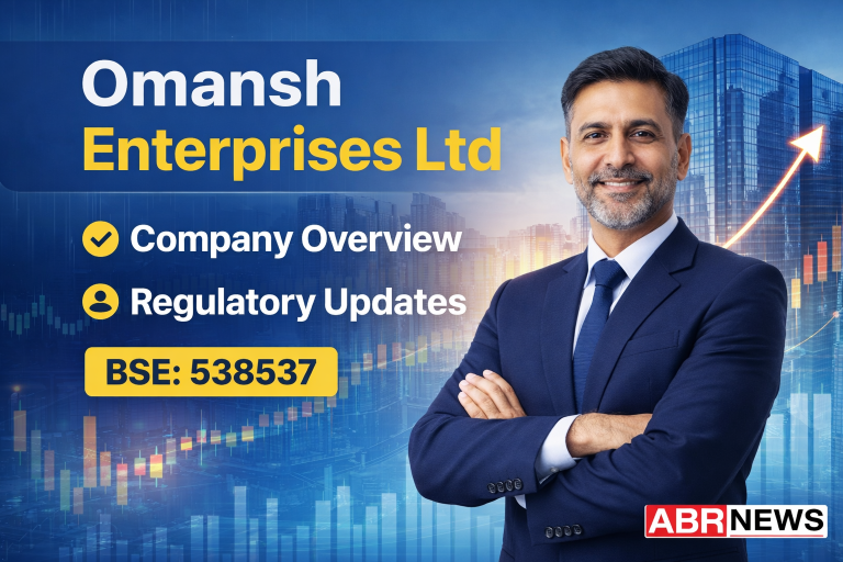 Omansh Enterprises Ltd BSE 538537 company overview feature image with corporate executive and ABRNEWS247 logo