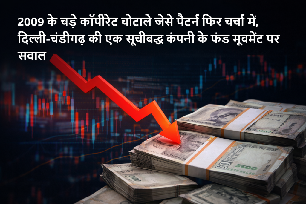 2009 के कॉर्पोरेट घोटाले जैसे पैटर्न की चर्चा के बीच दिल्ली-चंडीगढ़ की एक सूचीबद्ध कंपनी के फंड मूवमेंट पर सवाल दर्शाती ग्राफिक