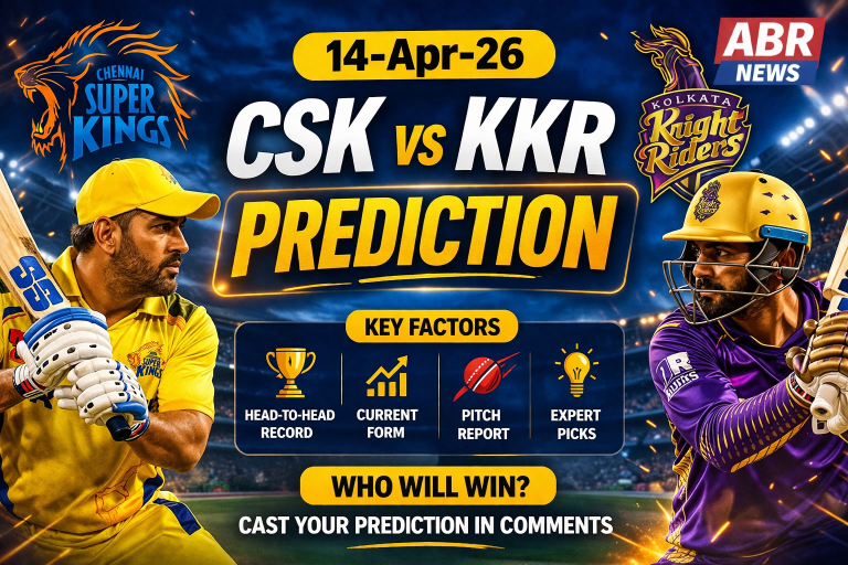CSK vs KKR prediction image for 14 April 2026 with ABR News logo and IPL match preview