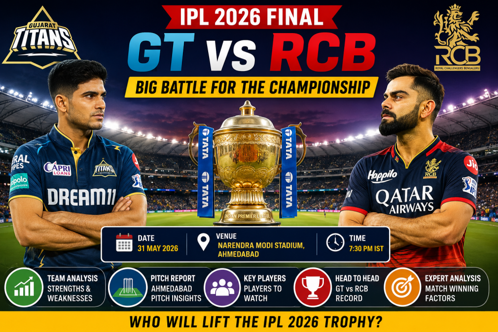 GT vs RCB IPL 2026 Final match analysis with trophy at Narendra Modi Stadium Ahmedabad