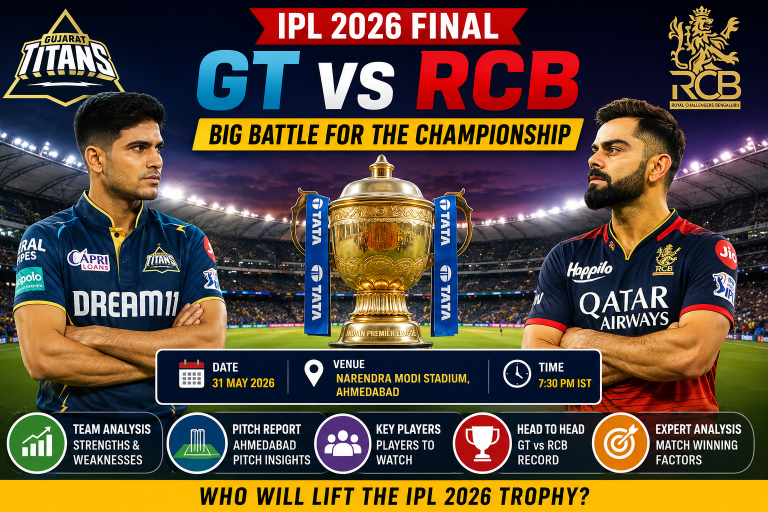 GT vs RCB IPL 2026 Final match analysis with trophy at Narendra Modi Stadium Ahmedabad