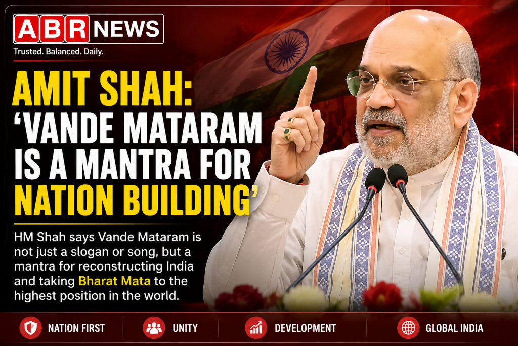 Union Home Minister Amit Shah addressing a public gathering on Vande Mataram and nation building.