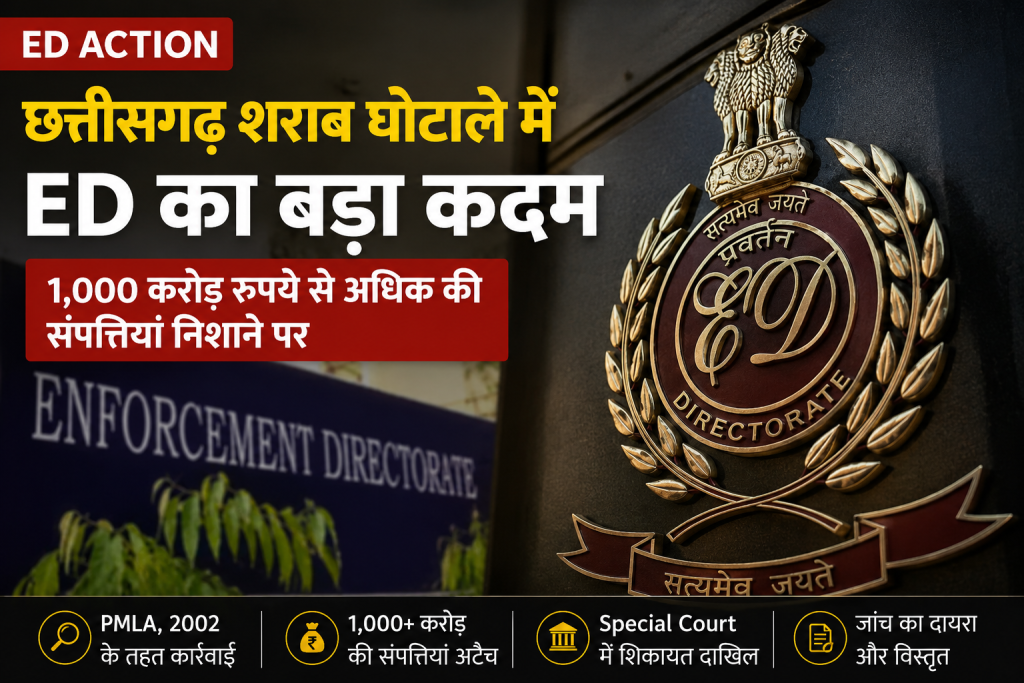 छत्तीसगढ़ शराब घोटाला मामले में ED की कार्रवाई, 1000 करोड़ रुपये से अधिक की संपत्तियां जांच के दायरे में