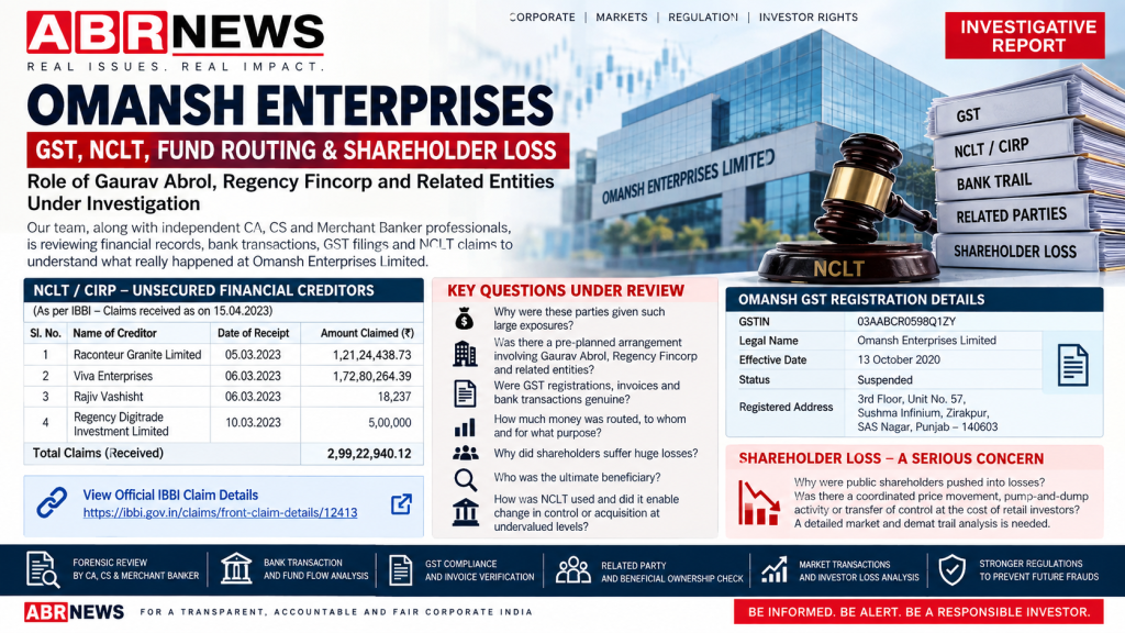 Omansh Enterprises NCLT CIRP financial trail, GST records, creditor claims and shareholder loss investigation involving Gaurav Abrol and Regency Fincorp