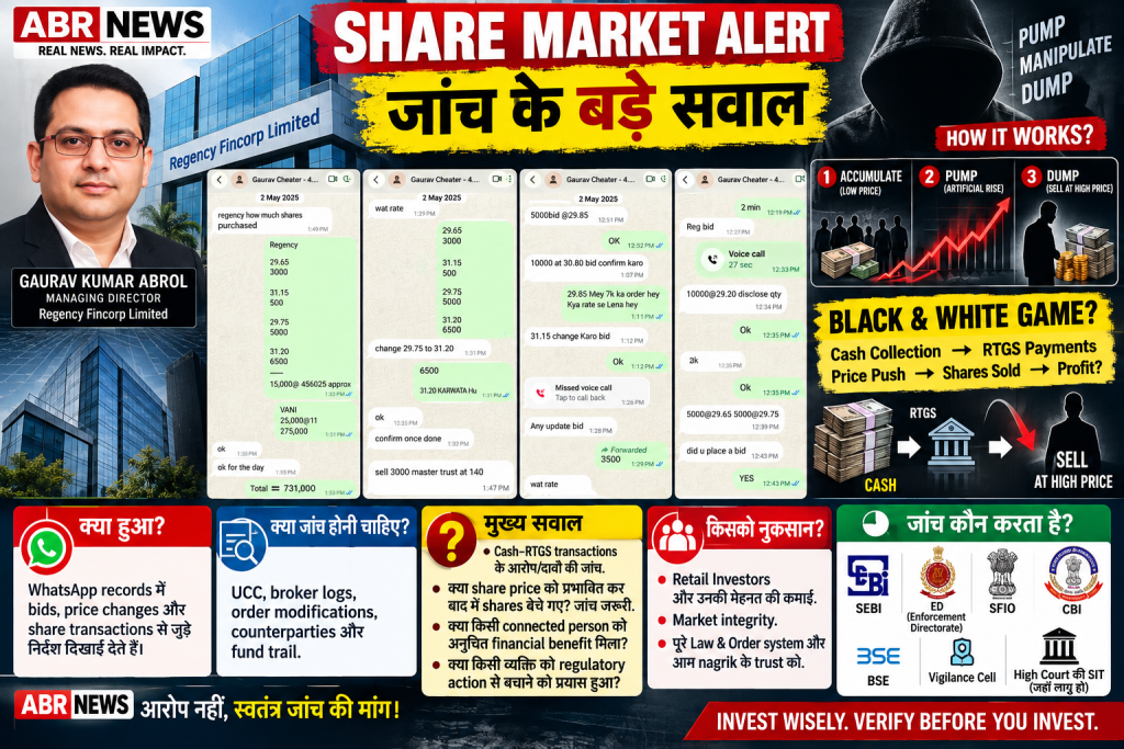 Regency Fincorp Gaurav Kumar Abrol share market alert with WhatsApp bid records and call for SEBI investigation
