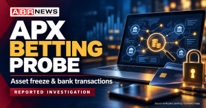 APX Betting Probe पर ABR NEWS का सांकेतिक ग्राफिक, जिसमें लैपटॉप, बैंक नेटवर्क और ताला दिखाया गया है