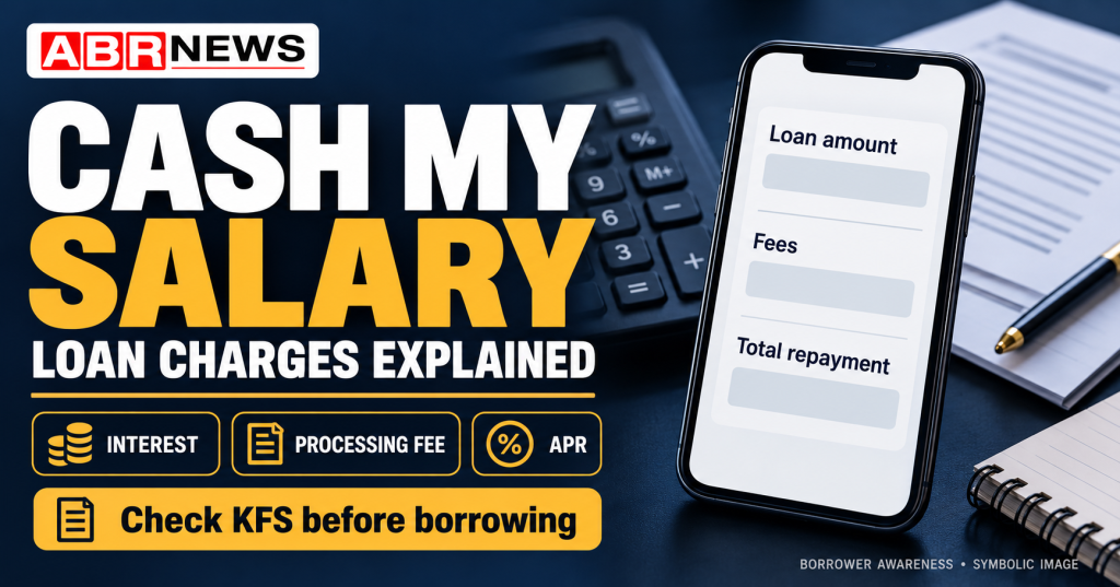Cash My Salary Loan Charges समझाने वाला ABR NEWS ग्राफिक, जिसमें ब्याज, processing fee और APR का उल्लेख है