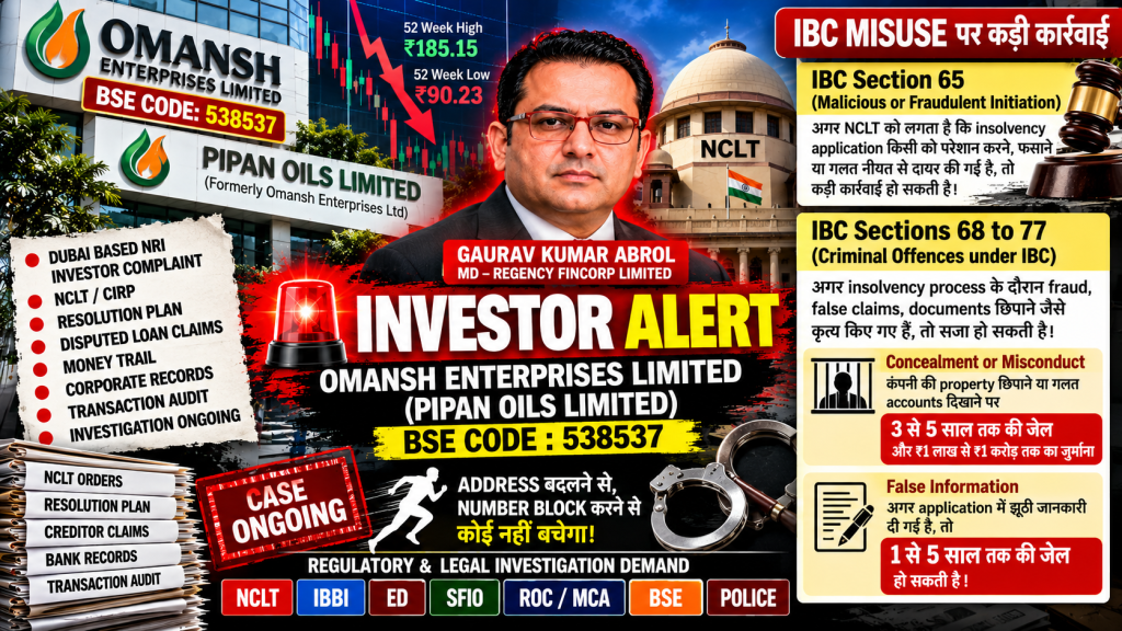 Omansh Enterprises Pipan Oils BSE 538537 IBC misuse NCLT CIRP Gaurav Kumar Abrol investigation