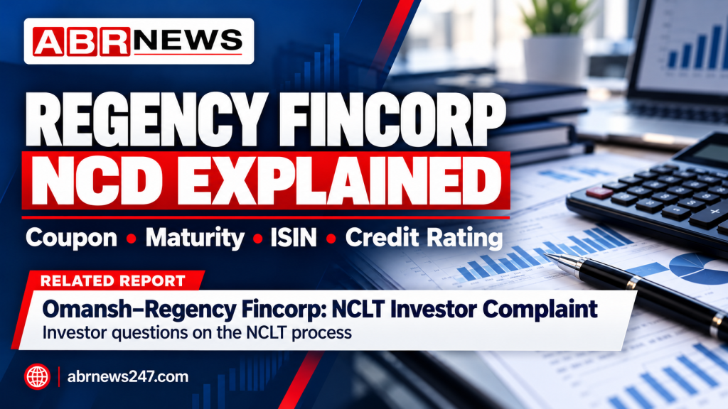 ABR News graphic on Regency Fincorp NCD coupon, maturity, ISIN and credit rating, with a related Omansh–Regency NCLT investor complaint headline.