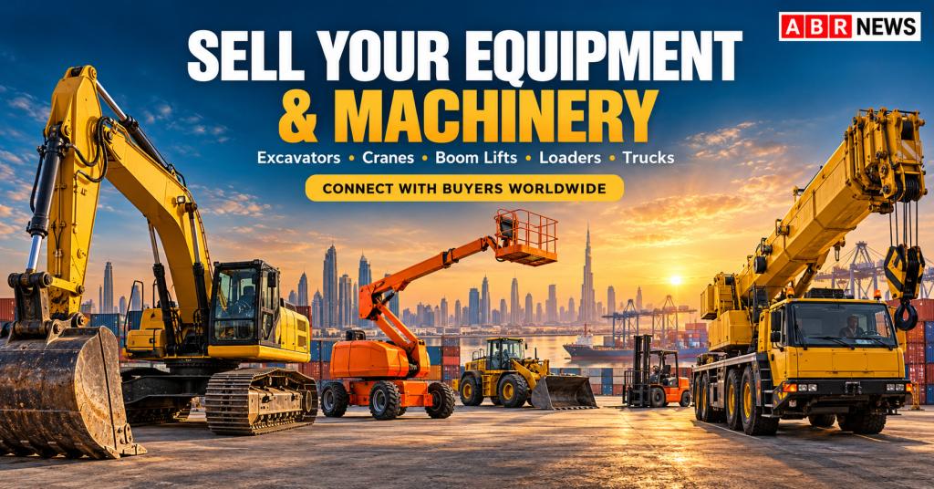 Sell your equipment banner featuring an excavator, boom lift, loader, forklift and crane