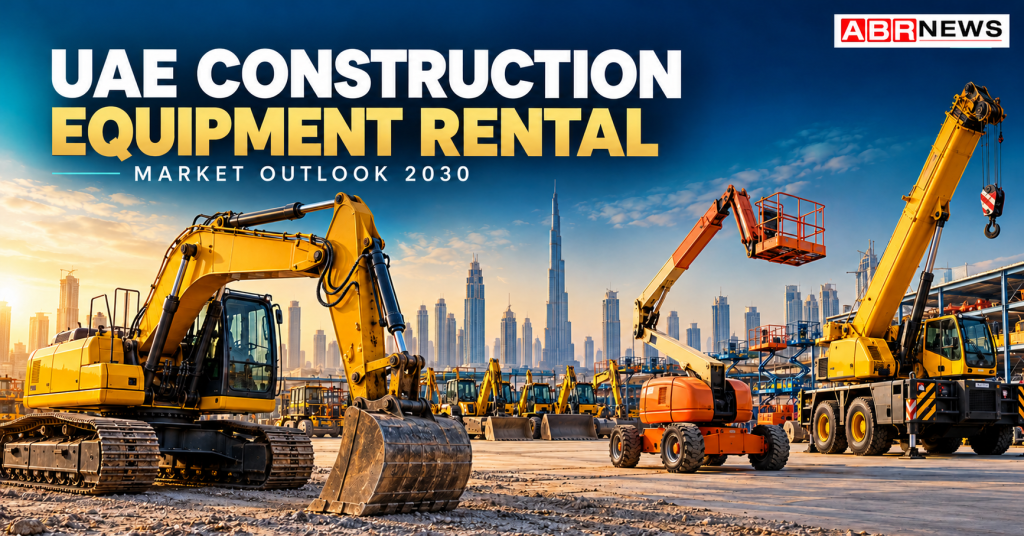 UAE construction equipment rental market illustration with excavator, boom lift, crane and Dubai skyline