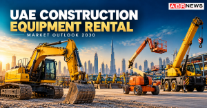 UAE construction equipment rental market illustration with excavator, boom lift, crane and Dubai skyline
