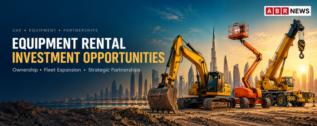 UAE equipment rental investment banner with excavator, boom lift, crane and Dubai skyline