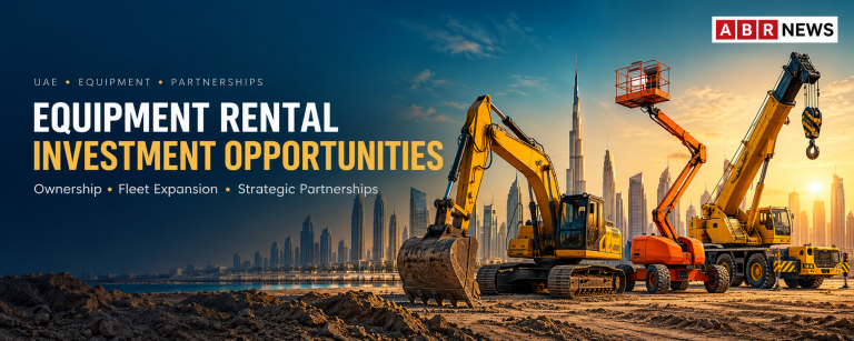 UAE equipment rental investment banner with excavator, boom lift, crane and Dubai skyline