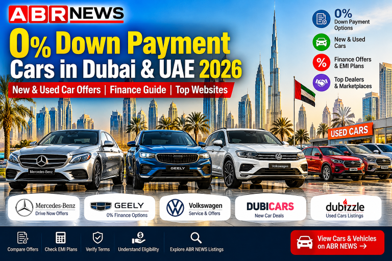 0% Down Payment Cars in Dubai UAE 2026 – New and Used Car Finance Guide featuring Mercedes-Benz, Geely and Volkswagen